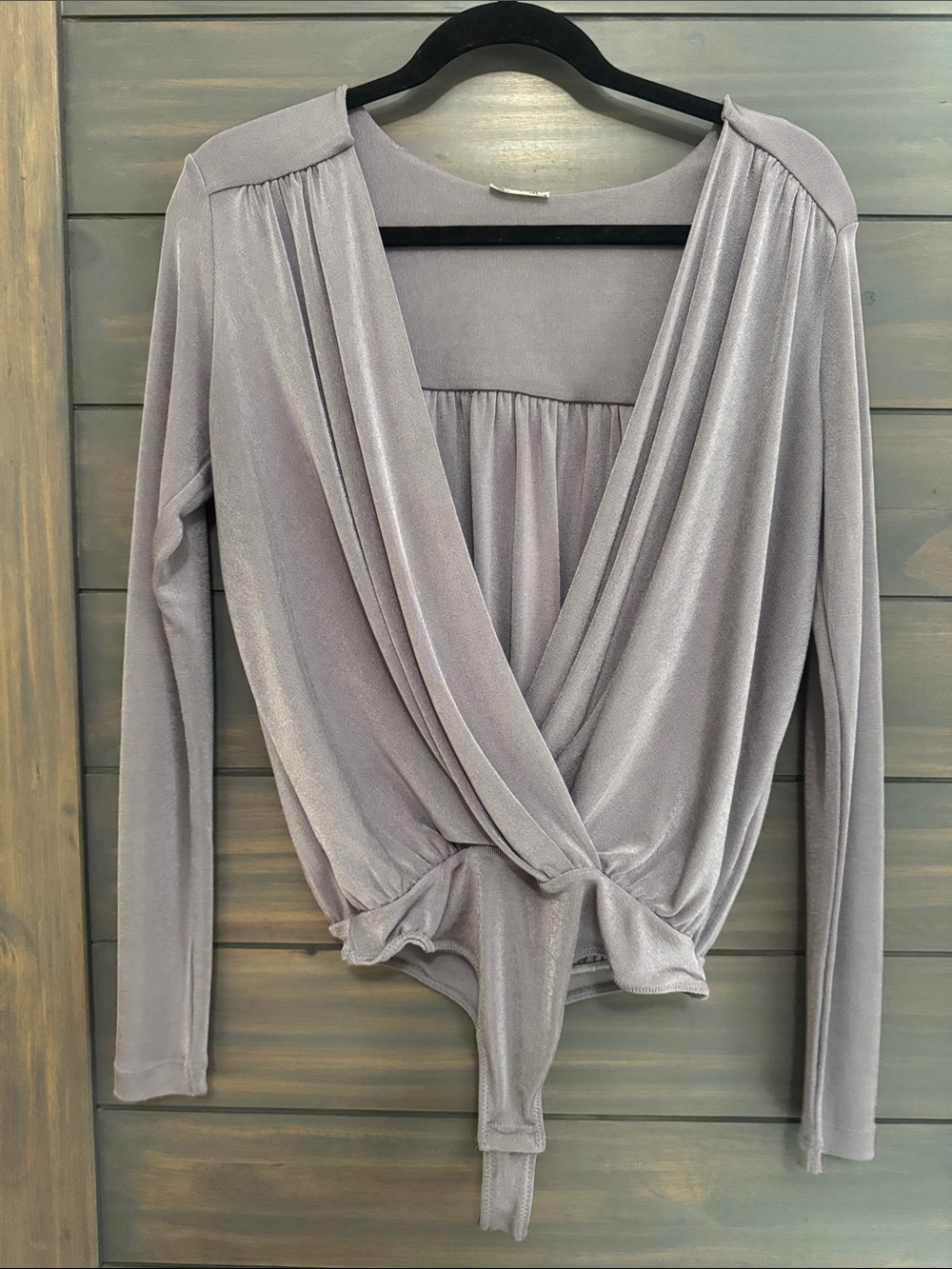 Free People Draped V-Neck Long Sleeve Bodysuit - Light Gray/Mauve